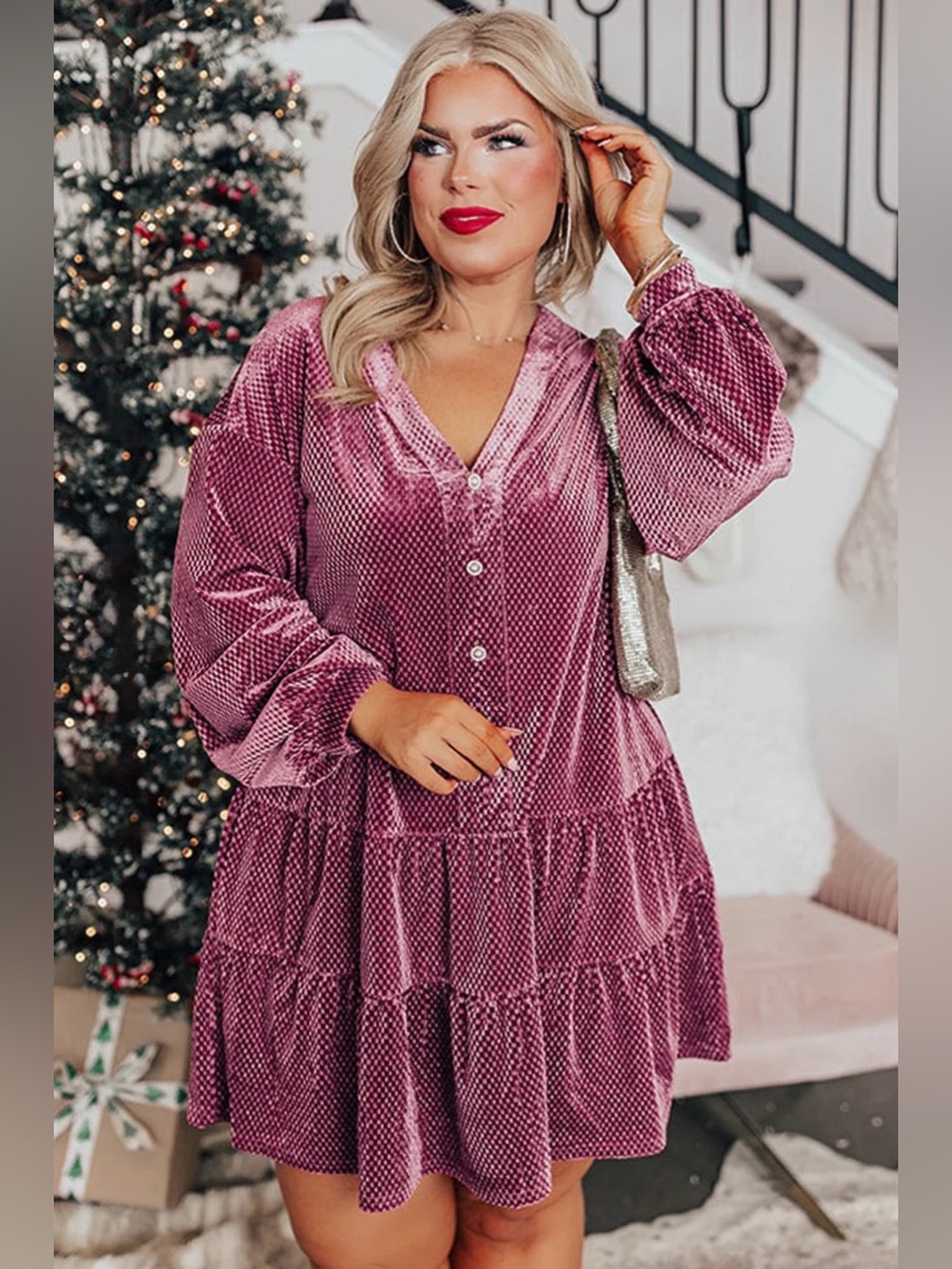 Fall Winter Textured Velvet Tiered Button V Neck Mini
Dress - Picture 2 of 9